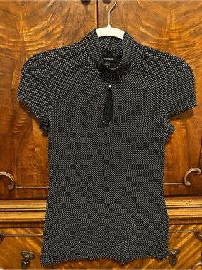 Express Black and White Polka Dot Keyhole Blouse